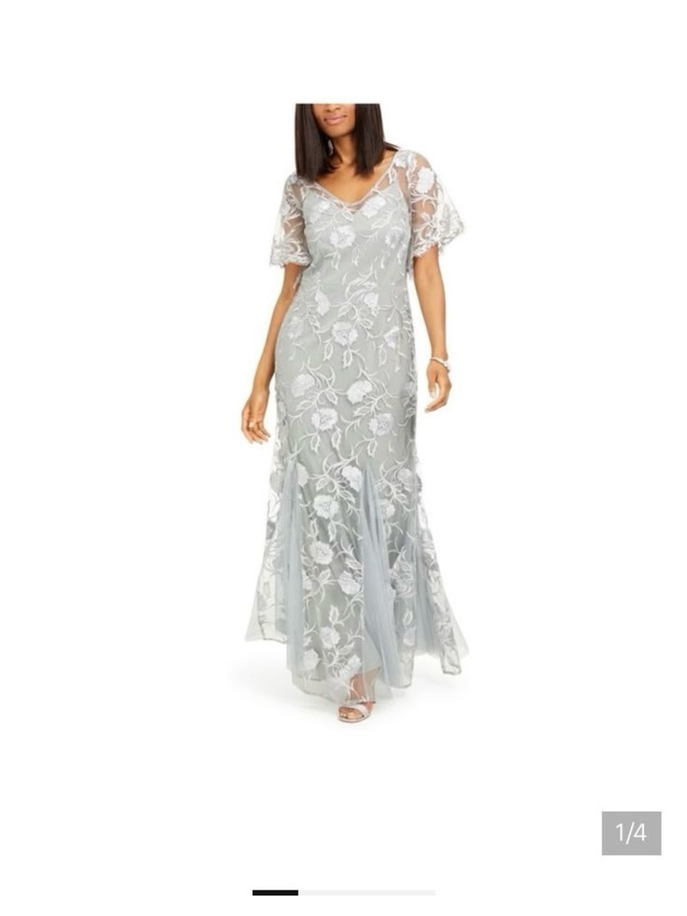 Alex Evenings Silver Floral Lace V‑Neck Godets Inset Flutter sleeve Maxi Dress